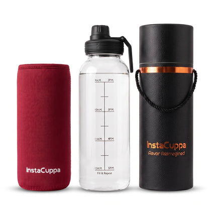 InstaCuppa Borosilicate Glass Water Bottle 1 Litre - Red - sleeve, bottle and gift tube
