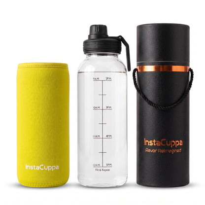InstaCuppa Borosilicate Glass Water Bottle 1 Litre - Yellow - sleeve, bottle and gift tube