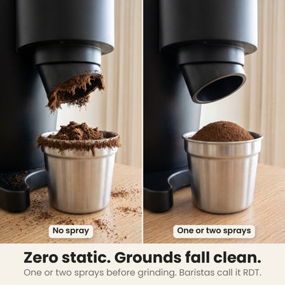 Coffee bean dosing cup routine before and after: with no spray, grounds cling to the grinder chute and scatter; with one or two sprays of fine mist, grounds fall clean