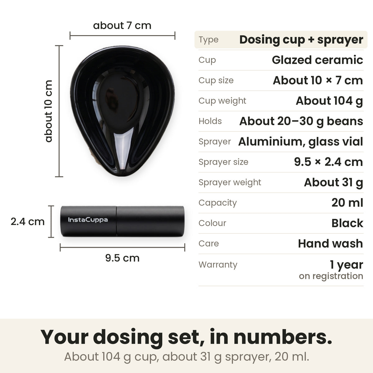 Coffee bean dosing cup specifications: glazed ceramic cup about 10 x 7 cm and about 104 g, holds about 20 to 30 g of beans; aluminium sprayer 9.5 x 2.4 cm, about 31 g, 20 ml