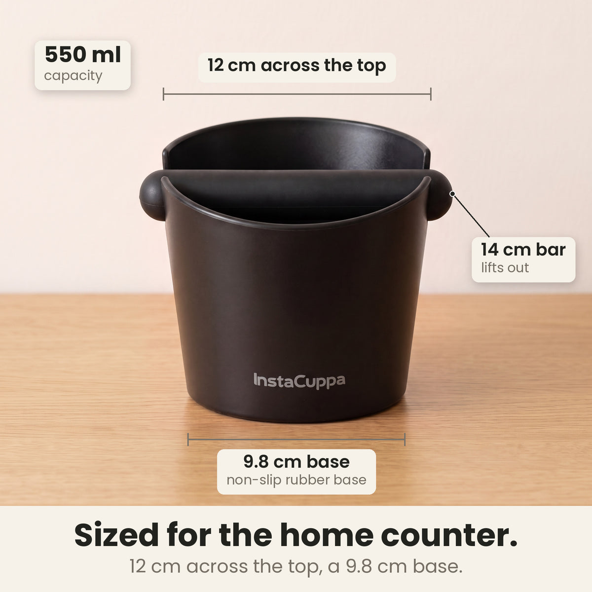 Coffee knock box size: 12 cm across the top, 9.8 cm non-slip rubber base, 14 cm removable bar, 550 ml, sized for a home kitchen counter
