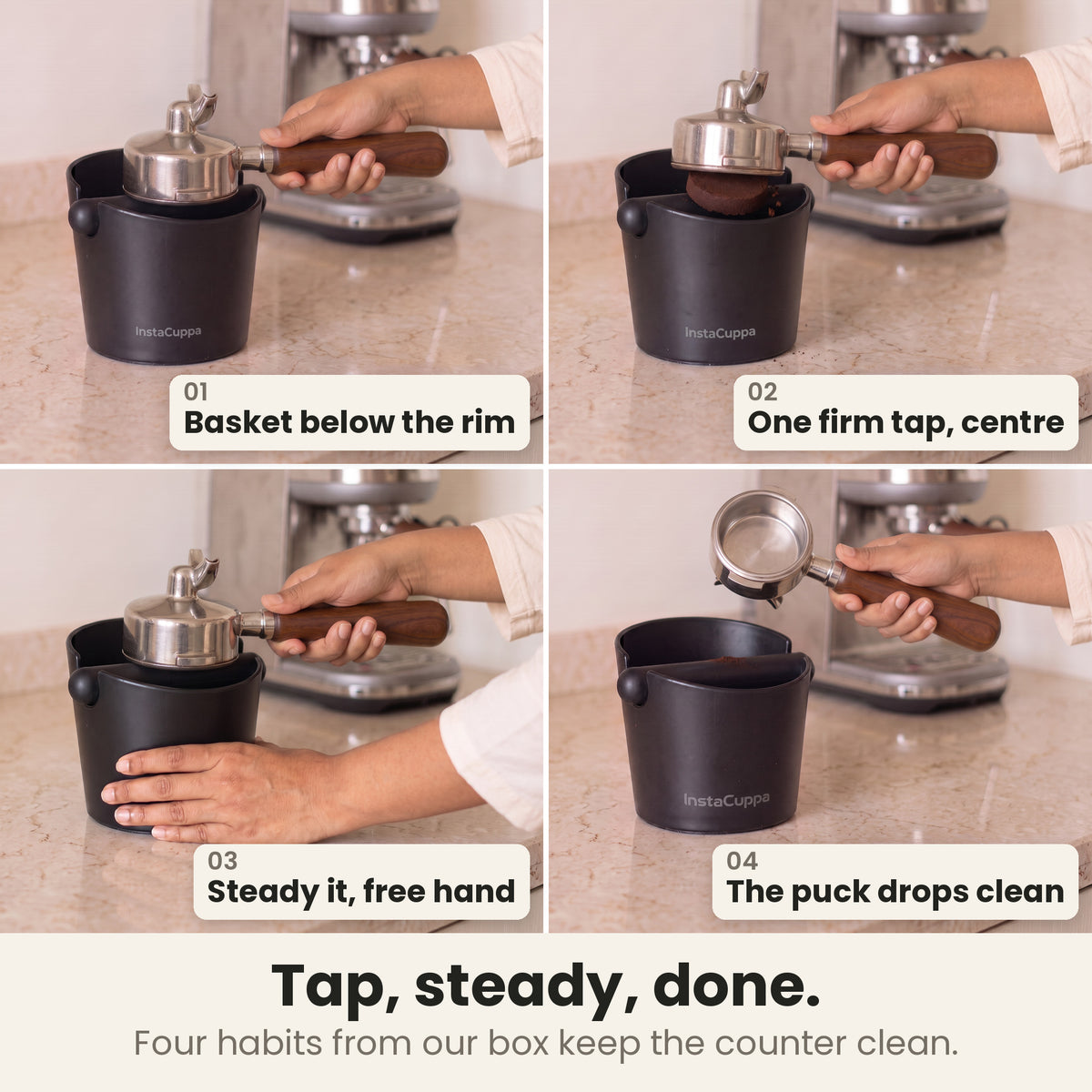 Coffee knock box how-to in four steps: basket below the rim, one firm tap on the centre of the bar, steady the box with your free hand, puck drops clean