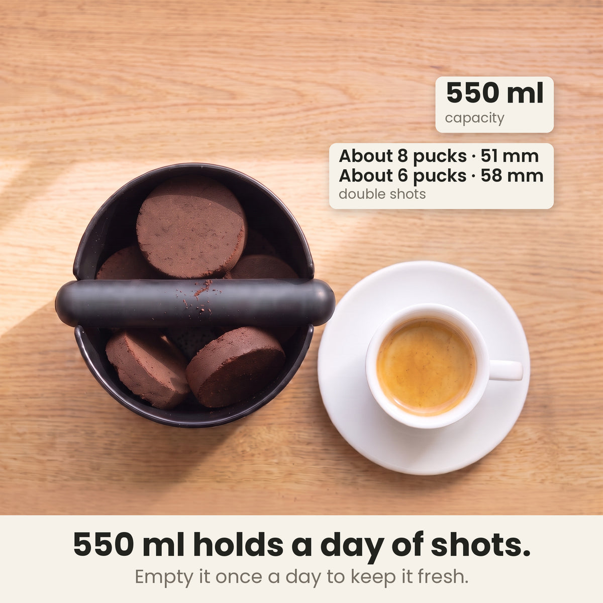 Coffee knock box from above holding spent espresso pucks, 550 ml, holds about 8 double-shot pucks from a 51 mm portafilter or about 6 from a 58 mm; empty it once a day
