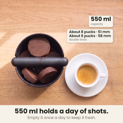 Coffee knock box from above holding spent espresso pucks, 550 ml, holds about 8 double-shot pucks from a 51 mm portafilter or about 6 from a 58 mm; empty it once a day