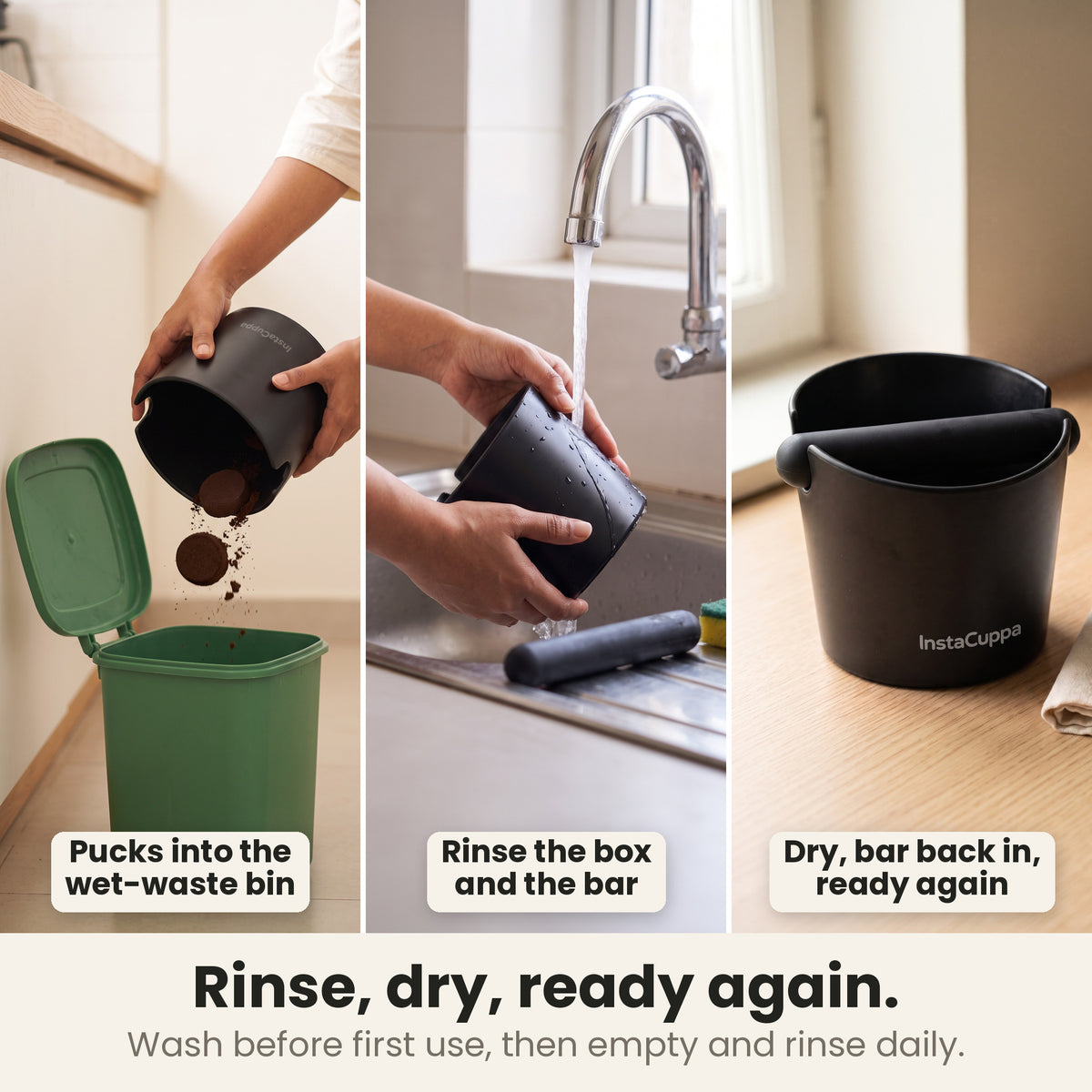 Coffee knock box care: spent pucks tipped into the kitchen wet-waste bin, box rinsed under the tap, dried with the knock bar back in place