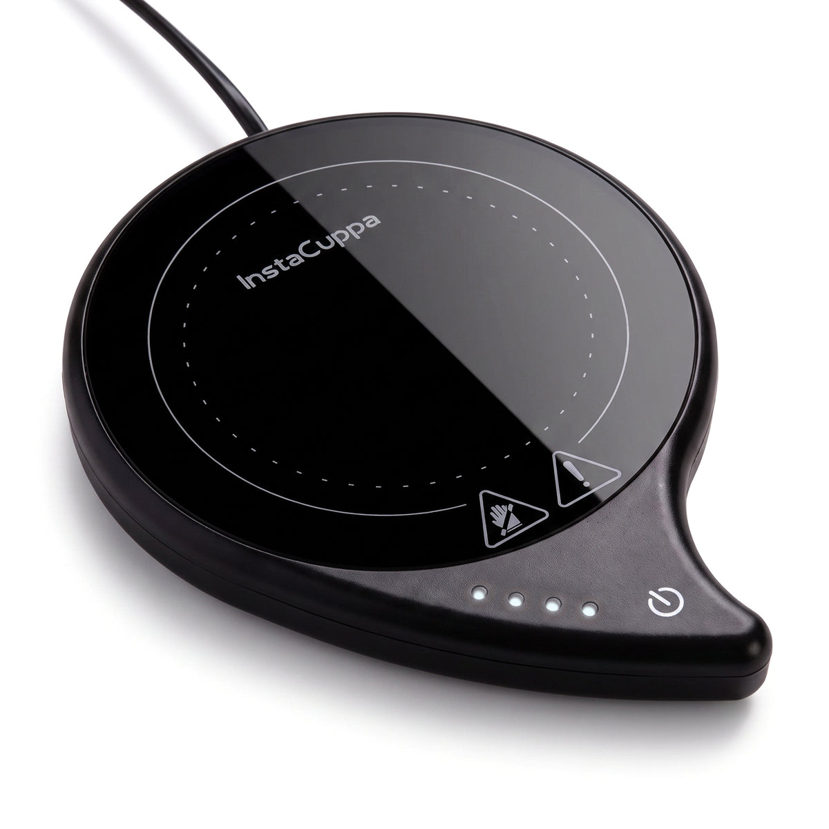 InstaCuppa coffee mug warmer for desk — slim black electric warming plate with 4 temperature LEDs and a touch button