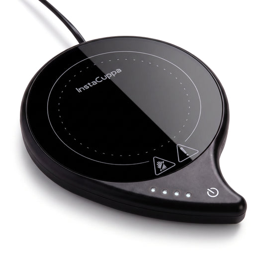 InstaCuppa coffee mug warmer for desk — slim black electric warming plate with 4 temperature LEDs and a touch button