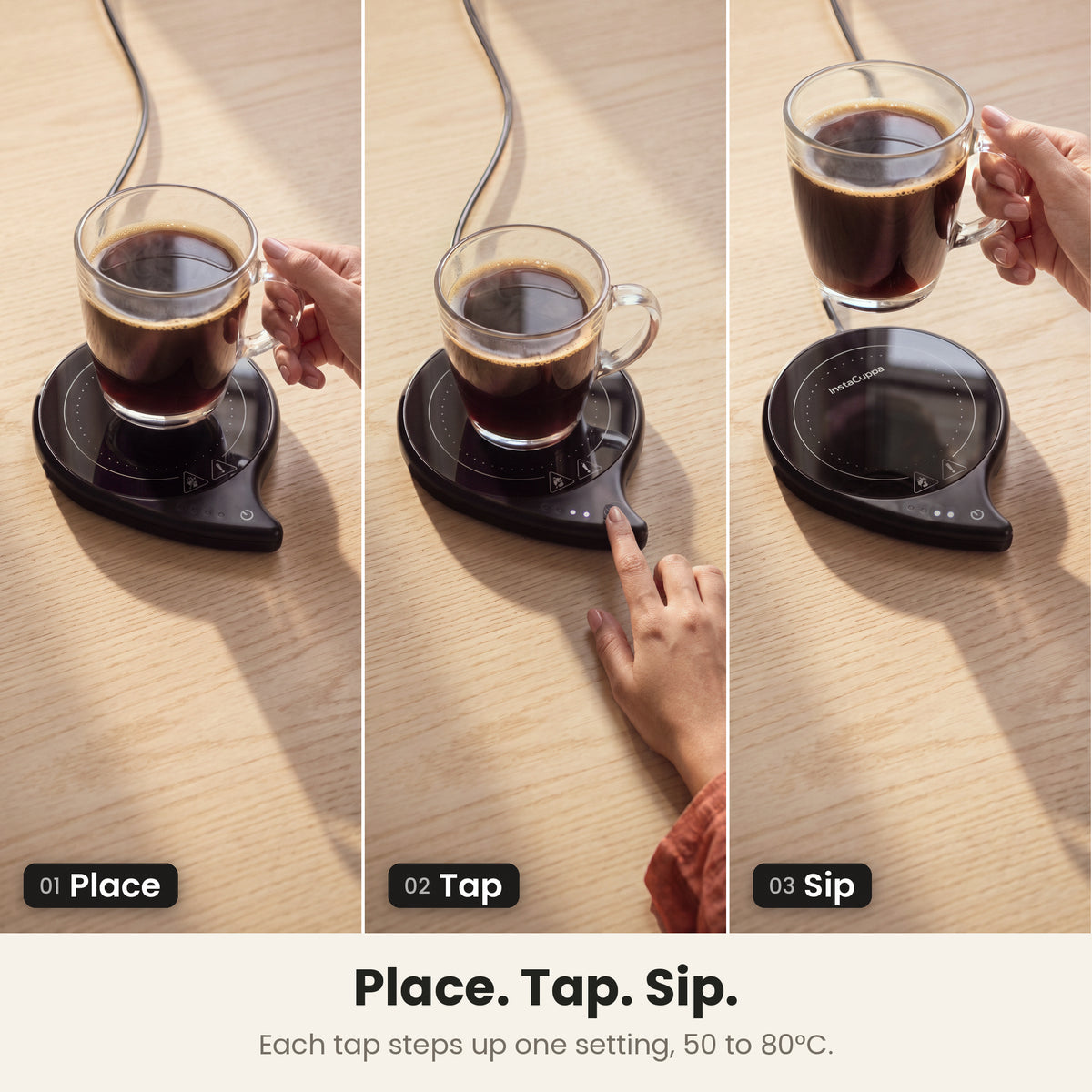 InstaCuppa coffee mug warmer for desk — how to use in 3 steps: place the mug, tap the touch button, sip