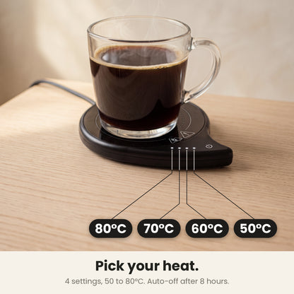 InstaCuppa coffee mug warmer for desk — 4 heat settings from 50 to 80 degrees C shown by LED lights, 8 hour auto shut off