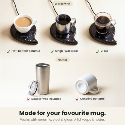 InstaCuppa coffee mug warmer for desk — cup warmer for flat-bottom ceramic, single-wall steel and glass mugs