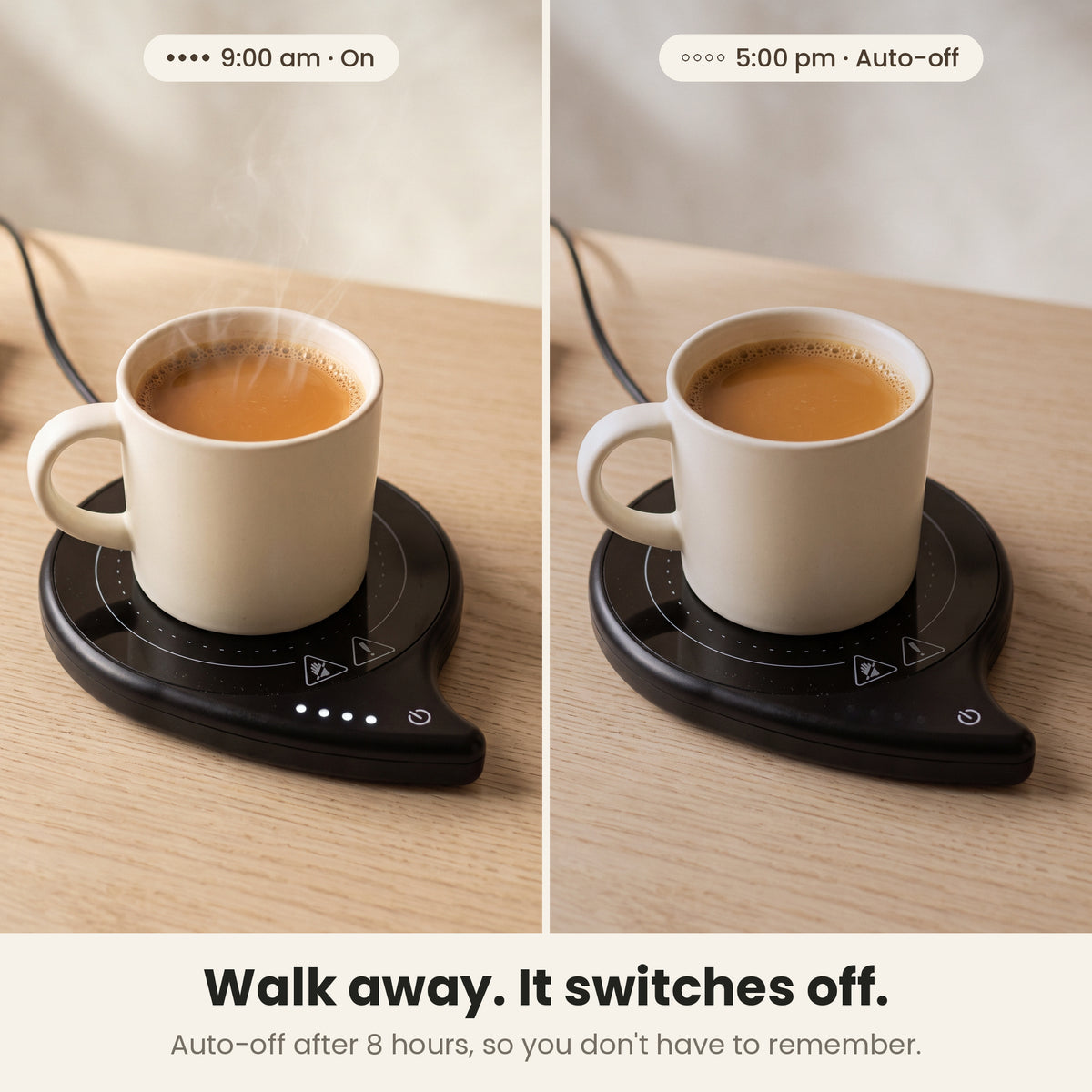 InstaCuppa coffee mug warmer for desk — 8 hour auto shut off: on at 9 am, switched off by itself at 5 pm