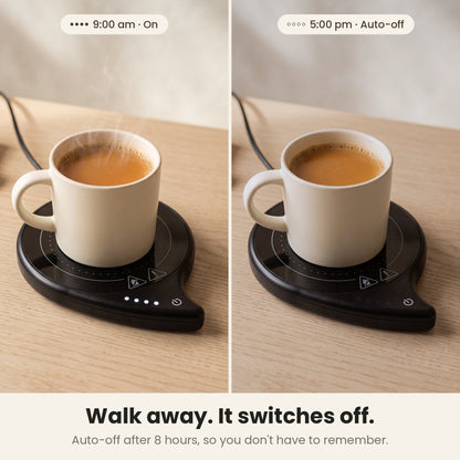 InstaCuppa coffee mug warmer for desk — 8 hour auto shut off: on at 9 am, switched off by itself at 5 pm