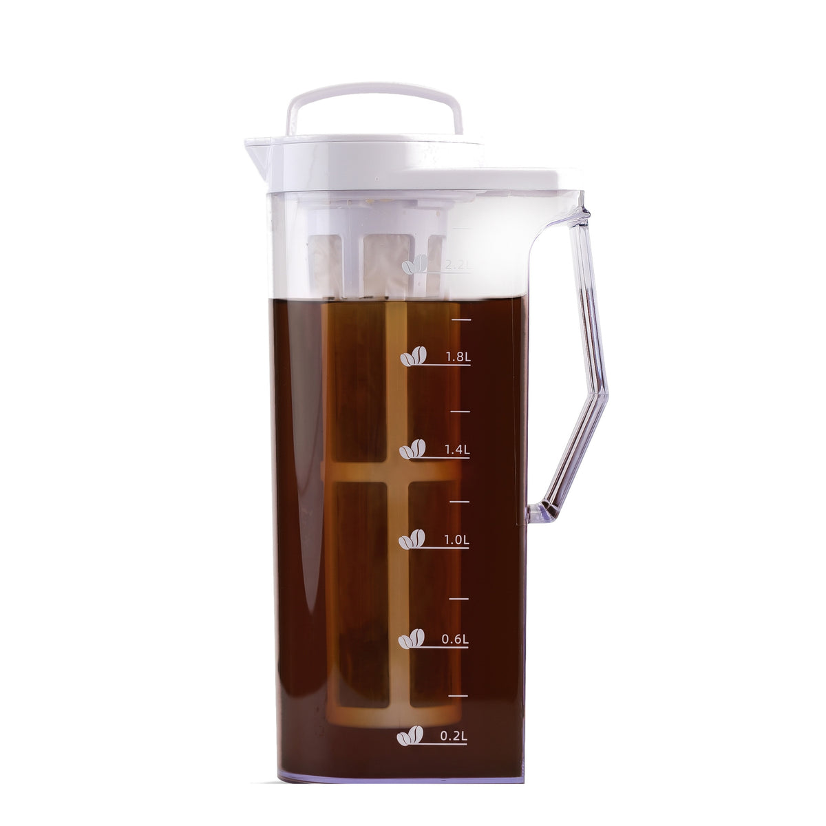 InstaCuppa cold brew coffee maker — 2.2 litre clear jug of cold brew with a full-length nylon mesh infuser and a screw-on white lid, on white
