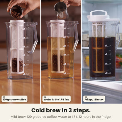 InstaCuppa cold brew coffee maker — cold brew in 3 steps: 120 g coarse coffee, water to the 1.8 L line, 12 hours in the fridge for a mild brew