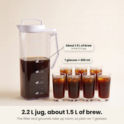 InstaCuppa cold brew coffee maker — 2.2 L iced coffee pitcher holding about 1.5 L of brew, enough for 7 glasses of 200 ml