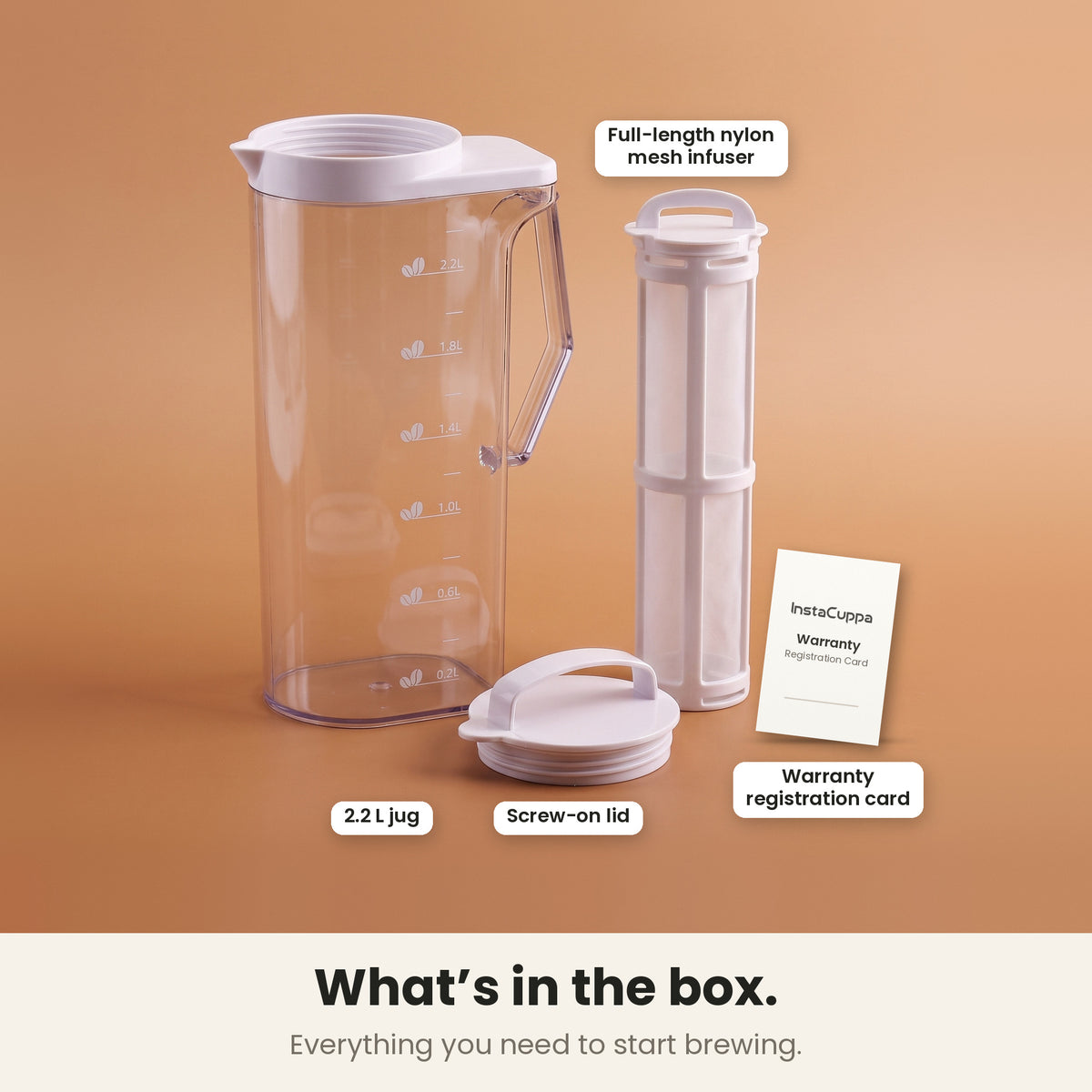 InstaCuppa cold brew coffee maker — what's in the box: 2.2 L jug, screw-on lid, full-length nylon mesh infuser and a registration card