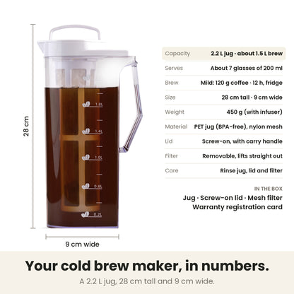 InstaCuppa cold brew coffee maker — specs: 2.2 L jug, about 1.5 L brew, 28 cm tall, 9 cm wide, 450 g with infuser, BPA-free PET jug, nylon mesh