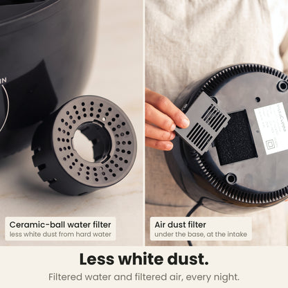 Cool mist humidifier filters: ceramic-ball water filter and air dust filter under the base, for less white dust from hard water; use RO or filtered water