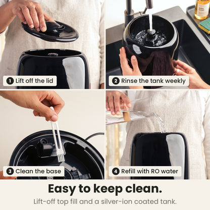 Easy to clean cool mist humidifier: lift off the lid, rinse the silver-ion coated tank weekly, clean the base and refill the top-fill tank with RO water