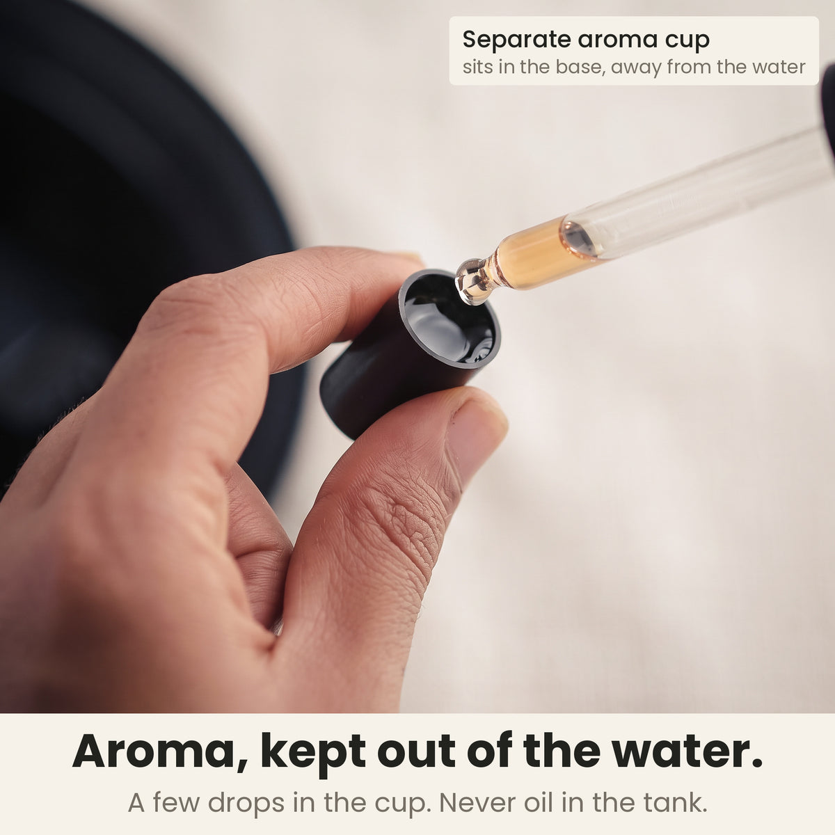 Cool mist humidifier with separate aroma oil cup: a few drops of essential oil go in the cup in the base, never oil in the water tank