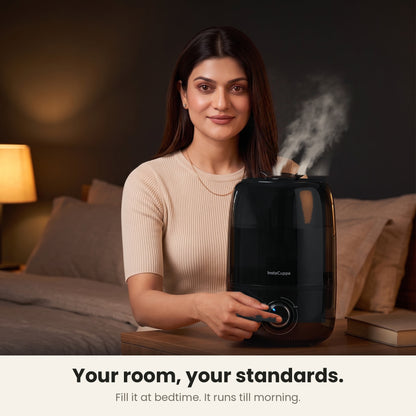 InstaCuppa humidifier for room on a bedside table, filled at bedtime