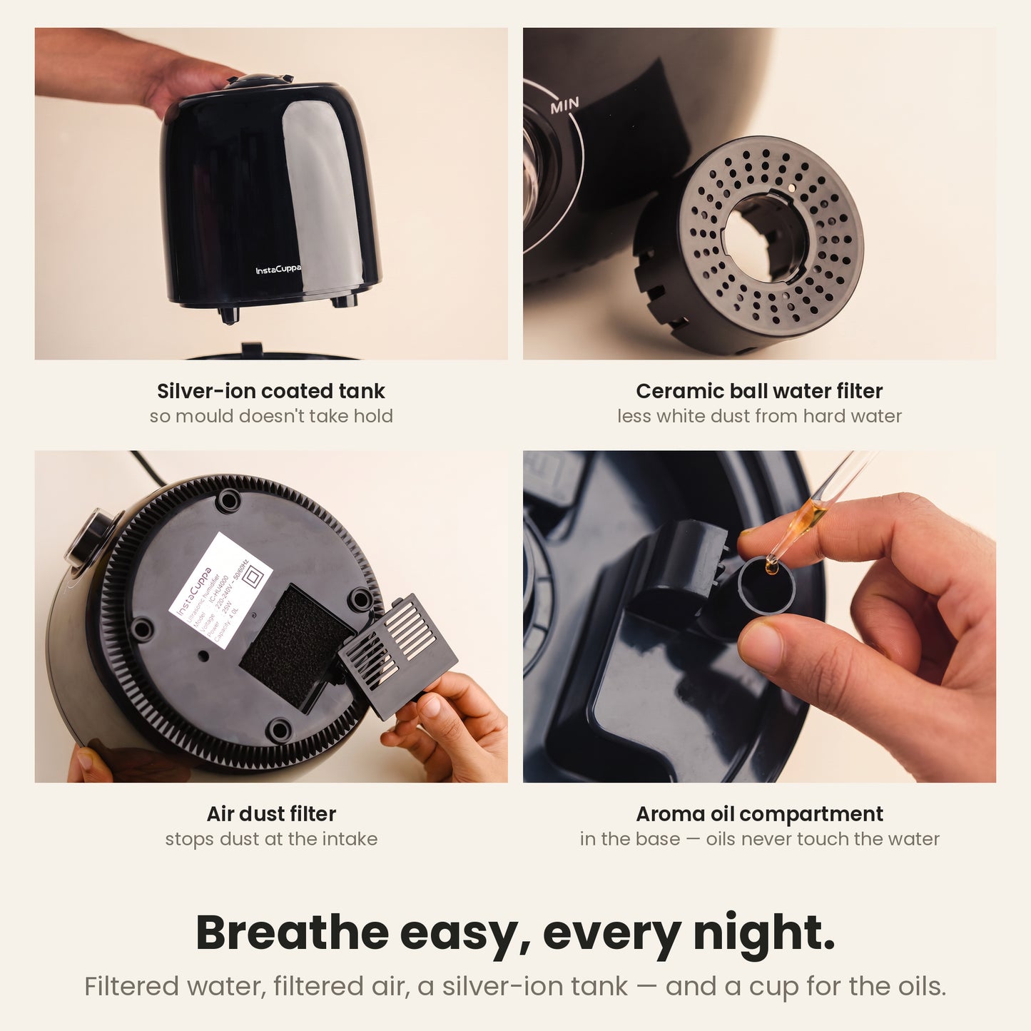 InstaCuppa humidifier filters - silver-ion tank, ceramic water filter, air dust filter and aroma oil compartment