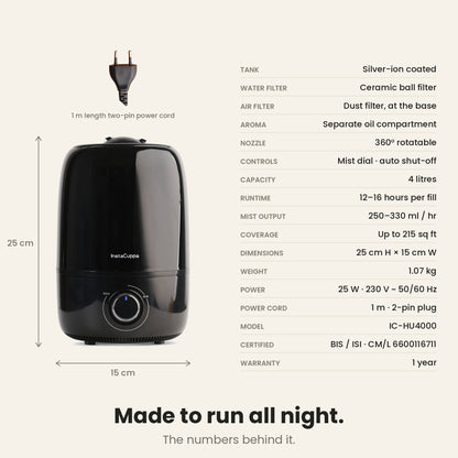 InstaCuppa humidifier specifications - 4 litre tank, 12 to 16 hours per fill, 25 W