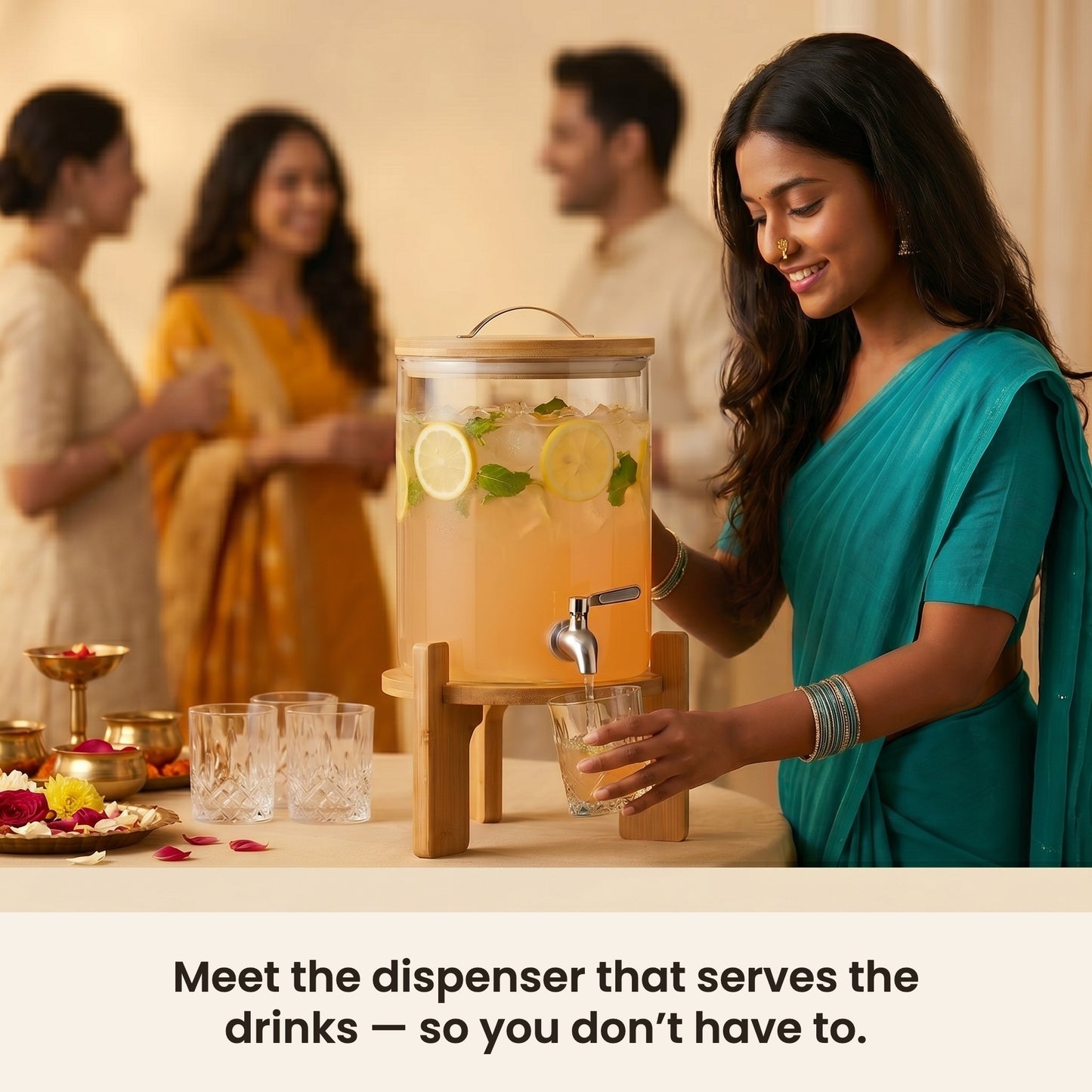 InstaCuppa Glass Water Dispenser 5 Litre with stand — guests serve their own drinks from the steel tap