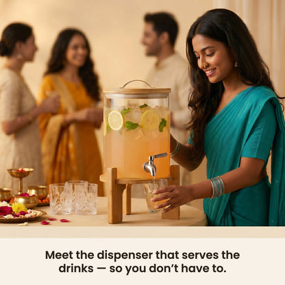 InstaCuppa Glass Water Dispenser 5 Litre with stand — guests serve their own drinks from the steel tap