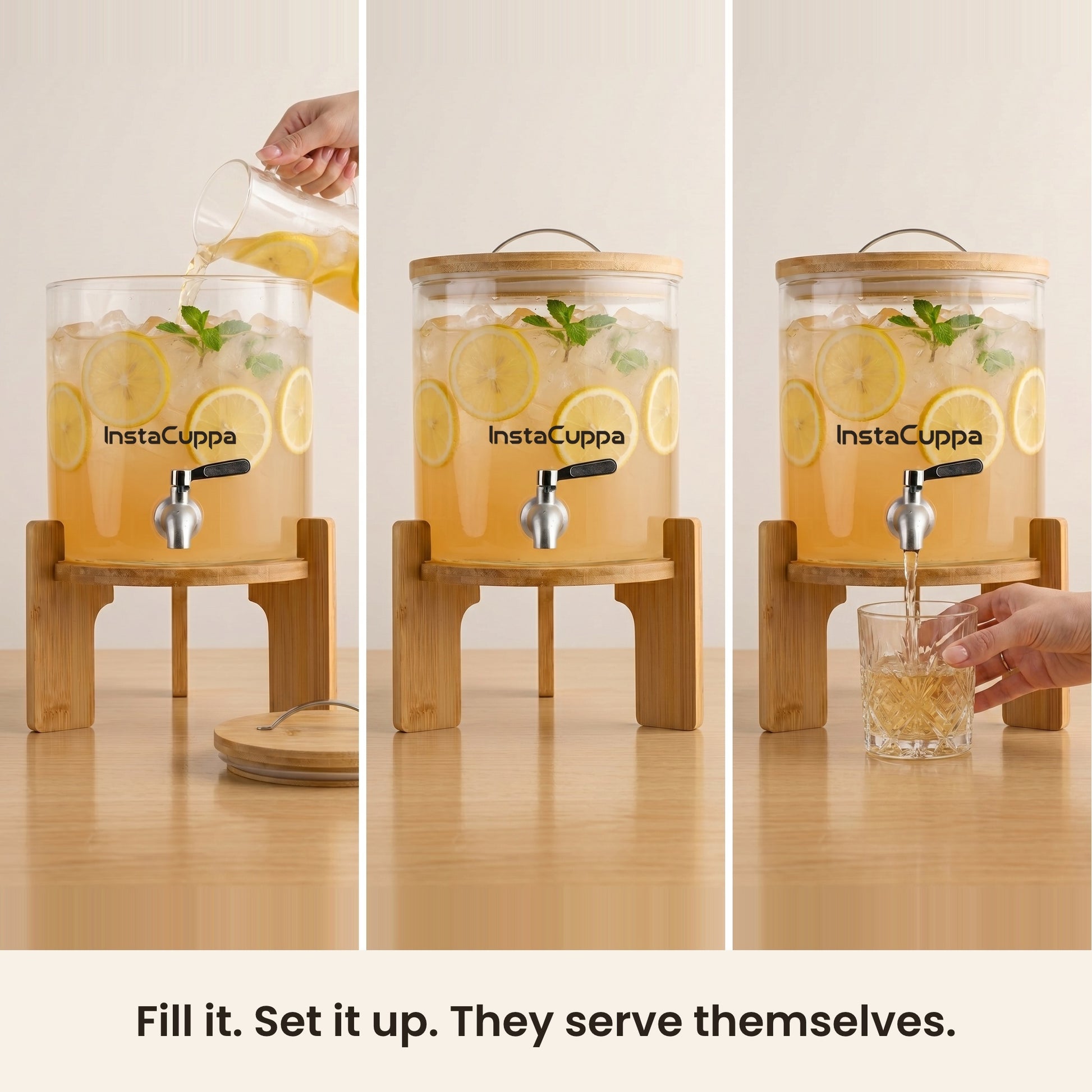 InstaCuppa Glass Water Dispenser 5 Litre — how to use: fill it, set it up, guests self-serve