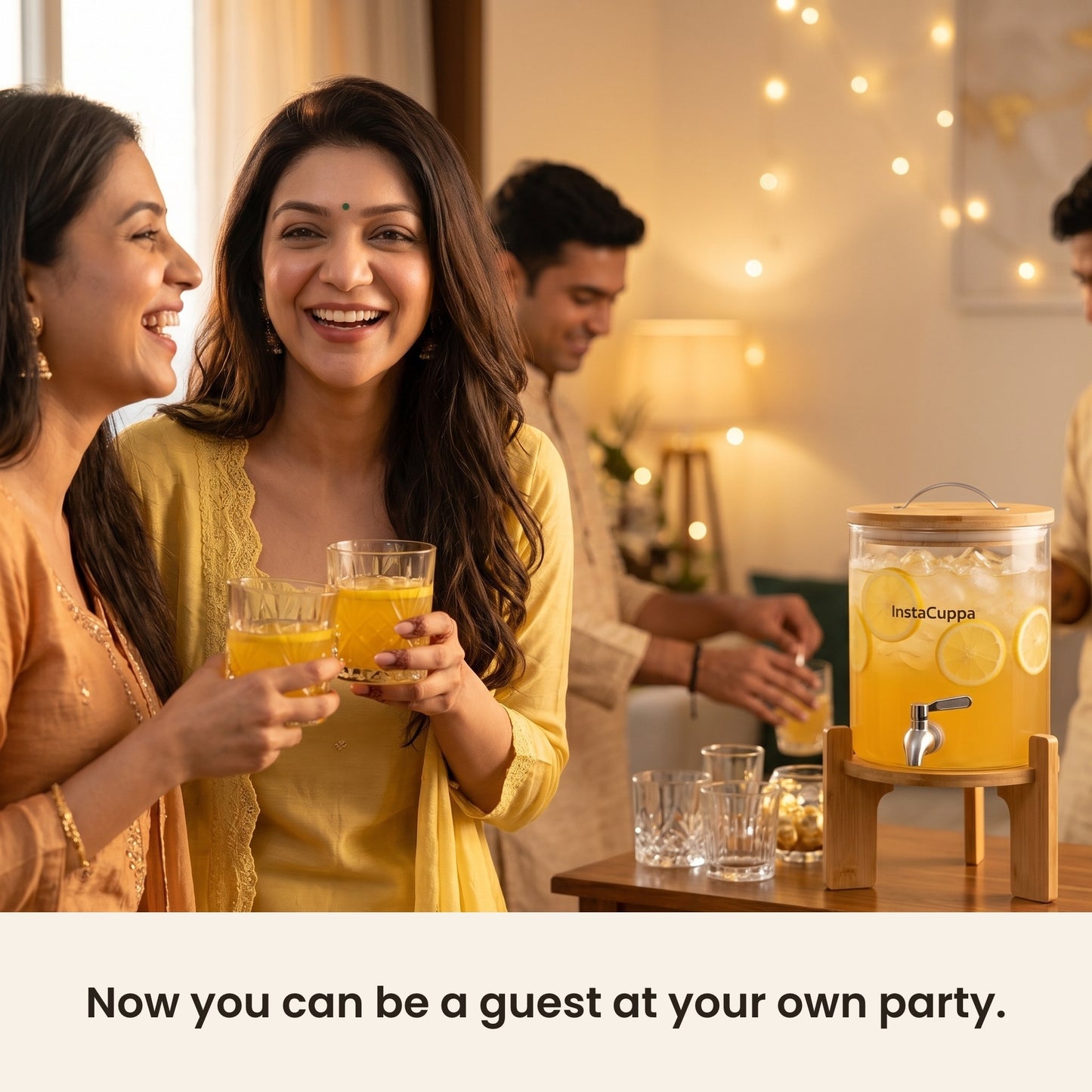 InstaCuppa Glass Water Dispenser 5 Litre for parties — relaxed host enjoying the gathering