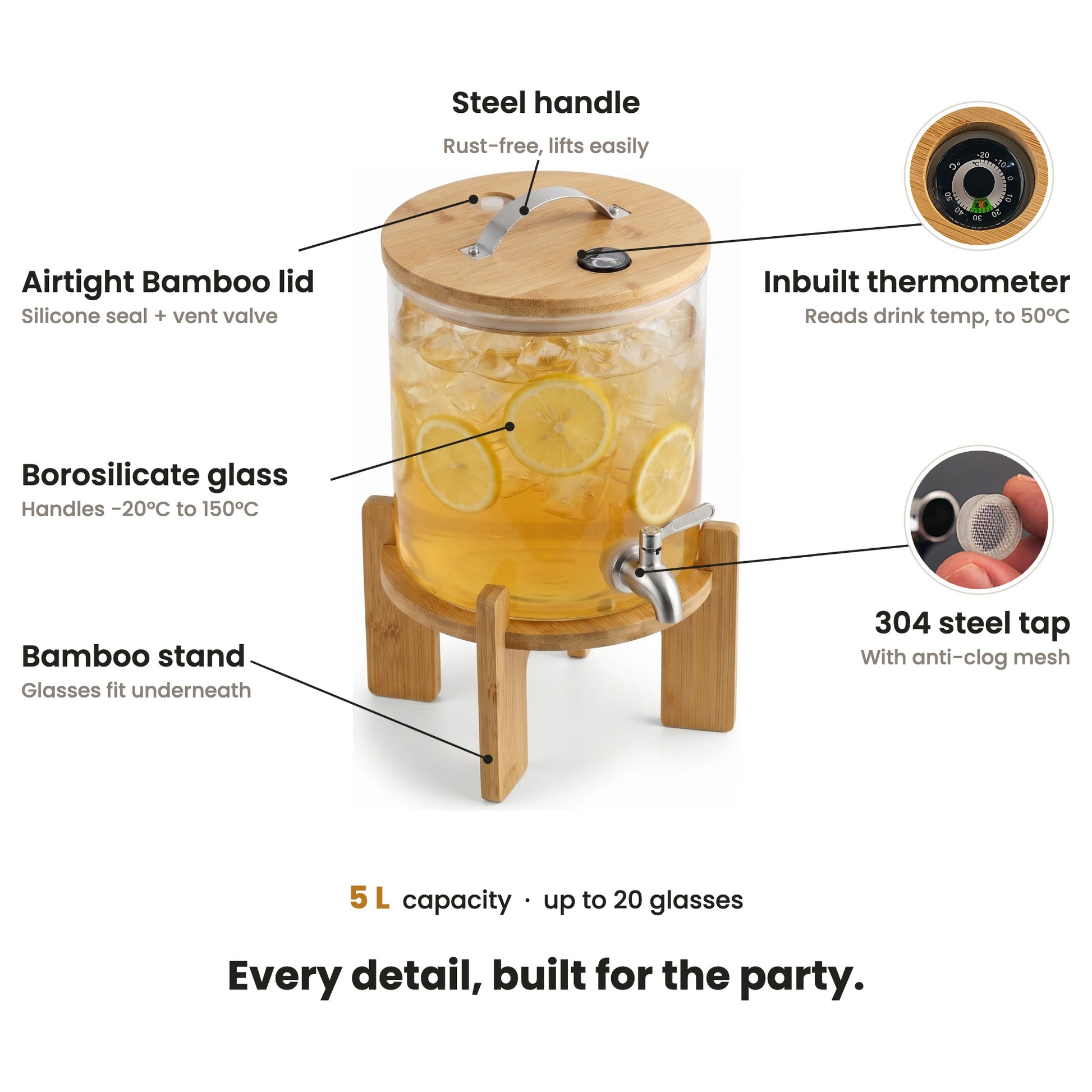 InstaCuppa Glass Water Dispenser 5 Litre features — borosilicate glass, lid thermometer, 304 steel tap with anti-clog mesh, bamboo stand