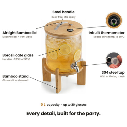 InstaCuppa Glass Water Dispenser 5 Litre features — borosilicate glass, lid thermometer, 304 steel tap with anti-clog mesh, bamboo stand