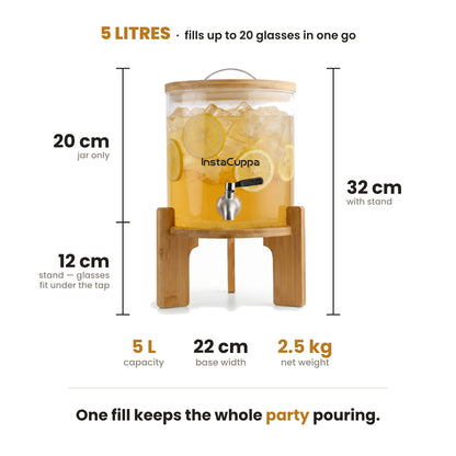 InstaCuppa Glass Water Dispenser 5 Litre dimensions — 32 cm tall, 22 cm base, 2.5 kg, fills up to 20 glasses