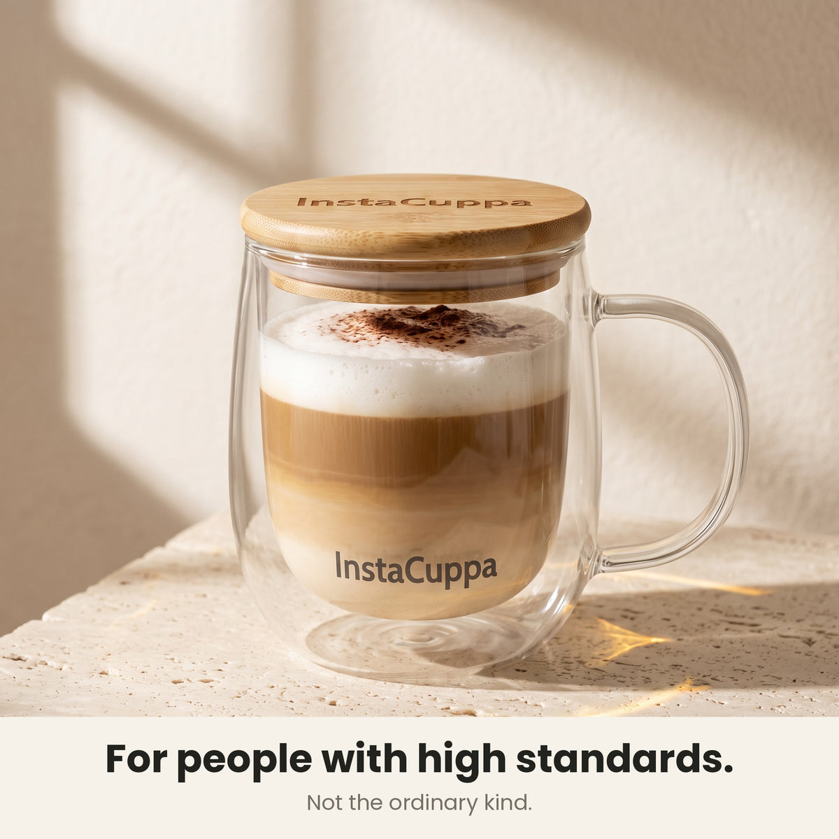InstaCuppa Double Wall Glass Coffee Mug with Handle - layered latte in clear glass on sunlit travertine – Pack of 1