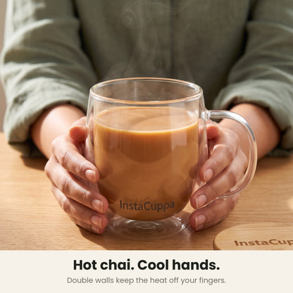 InstaCuppa Double Wall Glass Coffee Mug with Handle - hot chai, cool to hold in the double wall – Pack of 1