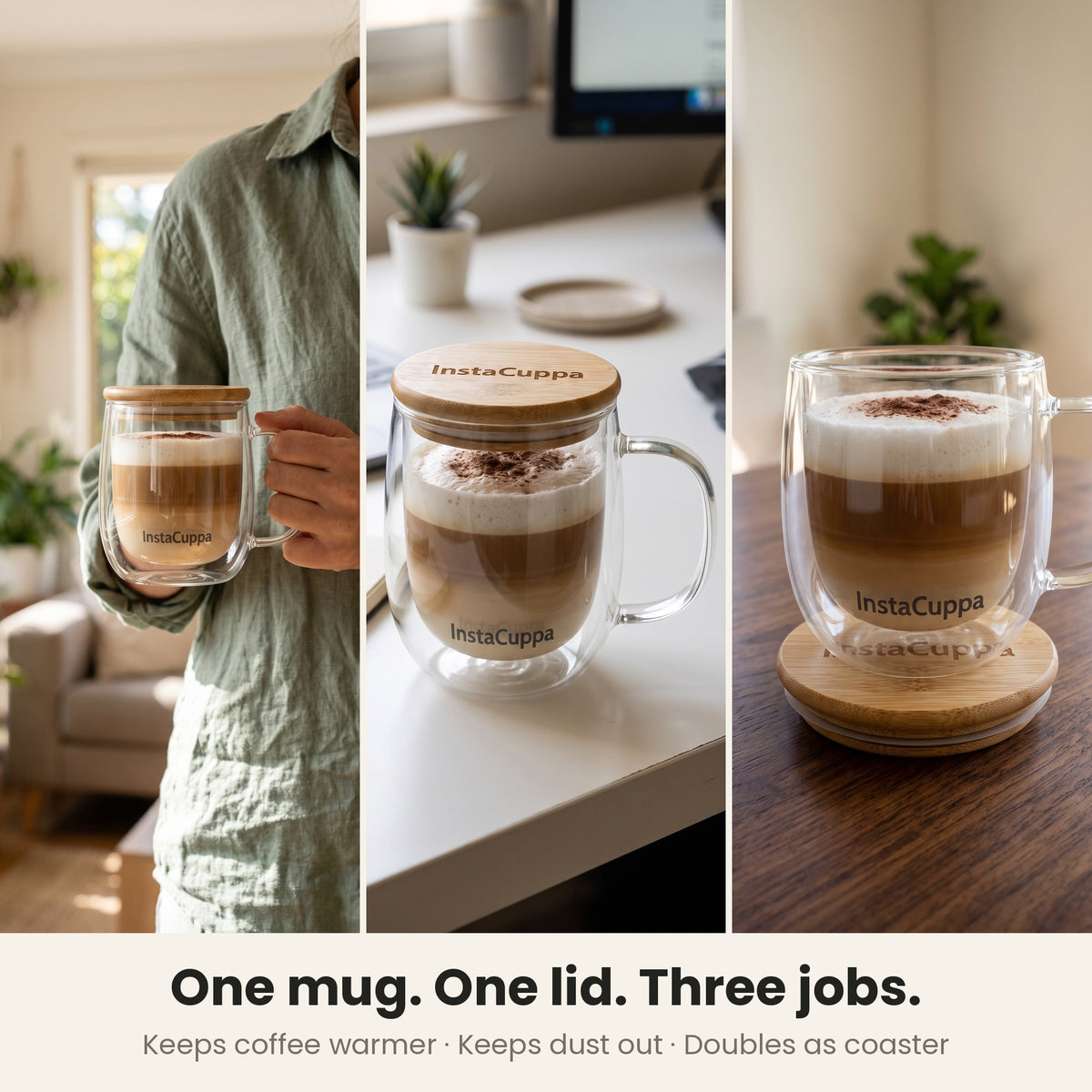 InstaCuppa Double Wall Glass Coffee Mug with Handle - carry, desk and coaster — one mug, one lid, three jobs – Pack of 1