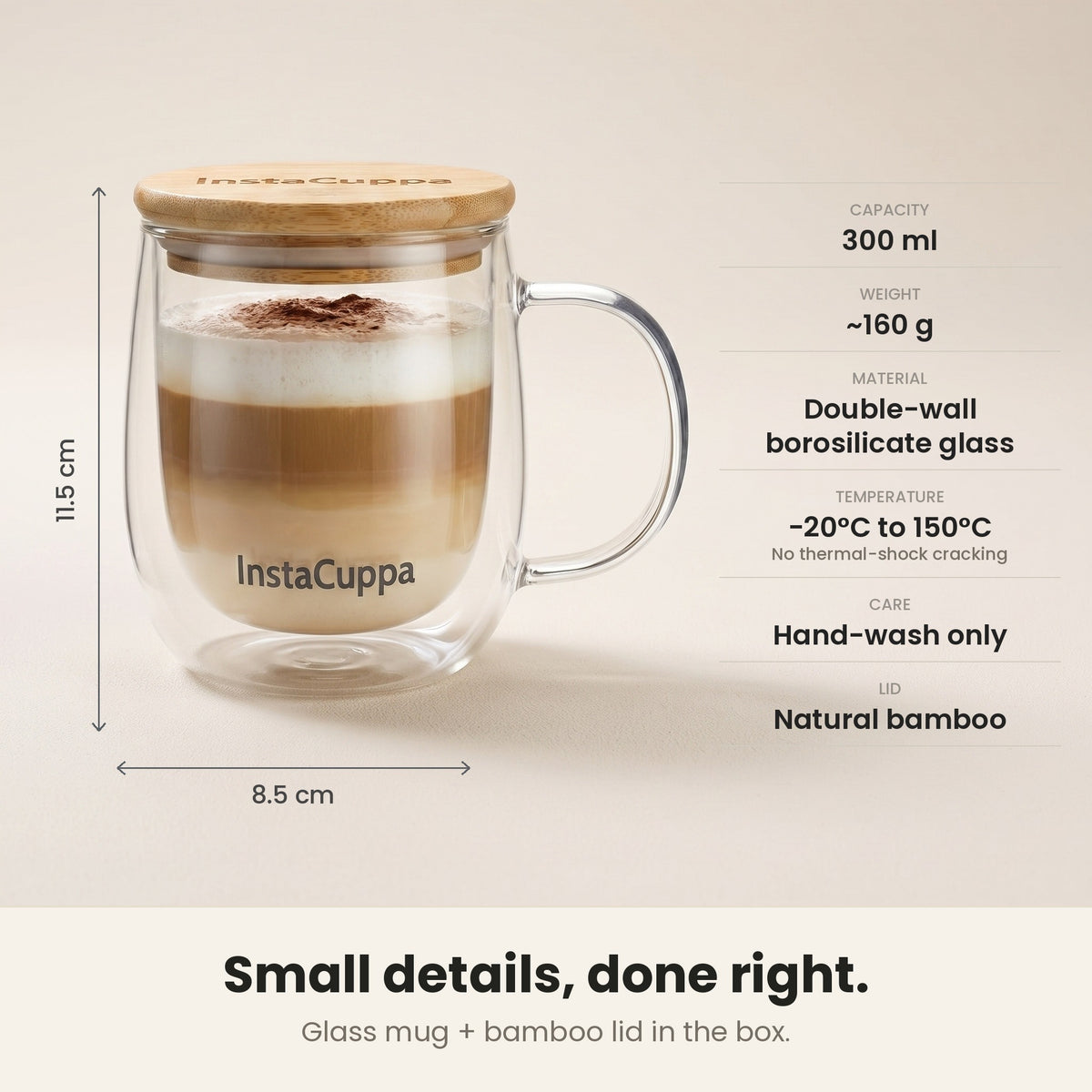 InstaCuppa Double Wall Glass Coffee Mug with Handle - 300 ml, 11.5 × 8.5 cm, borosilicate, bamboo lid specs – Pack of 1