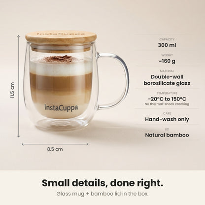 InstaCuppa Double Wall Glass Coffee Mug with Handle - 300 ml, 11.5 × 8.5 cm, borosilicate, bamboo lid specs – Pack of 1