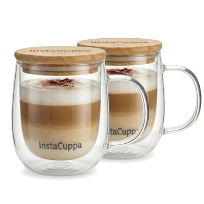 InstaCuppa Double Wall Glass Coffee Mug with Handle - two mugs with bamboo lids, layered latte, on white – Pack of 2