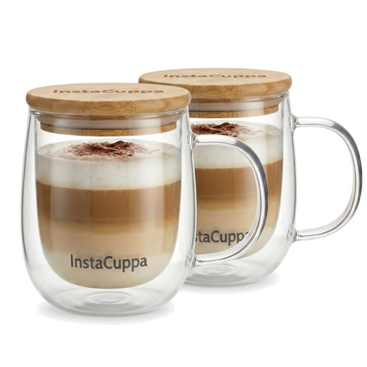 InstaCuppa Double Wall Glass Coffee Mug with Handle - two mugs with bamboo lids, layered latte, on white – Pack of 2