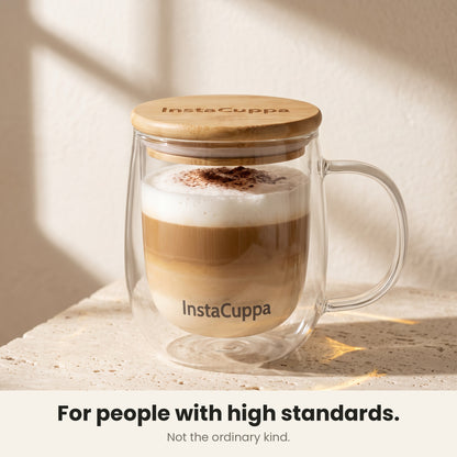 InstaCuppa Double Wall Glass Coffee Mug with Handle - layered latte in clear glass on sunlit travertine – Pack of 2