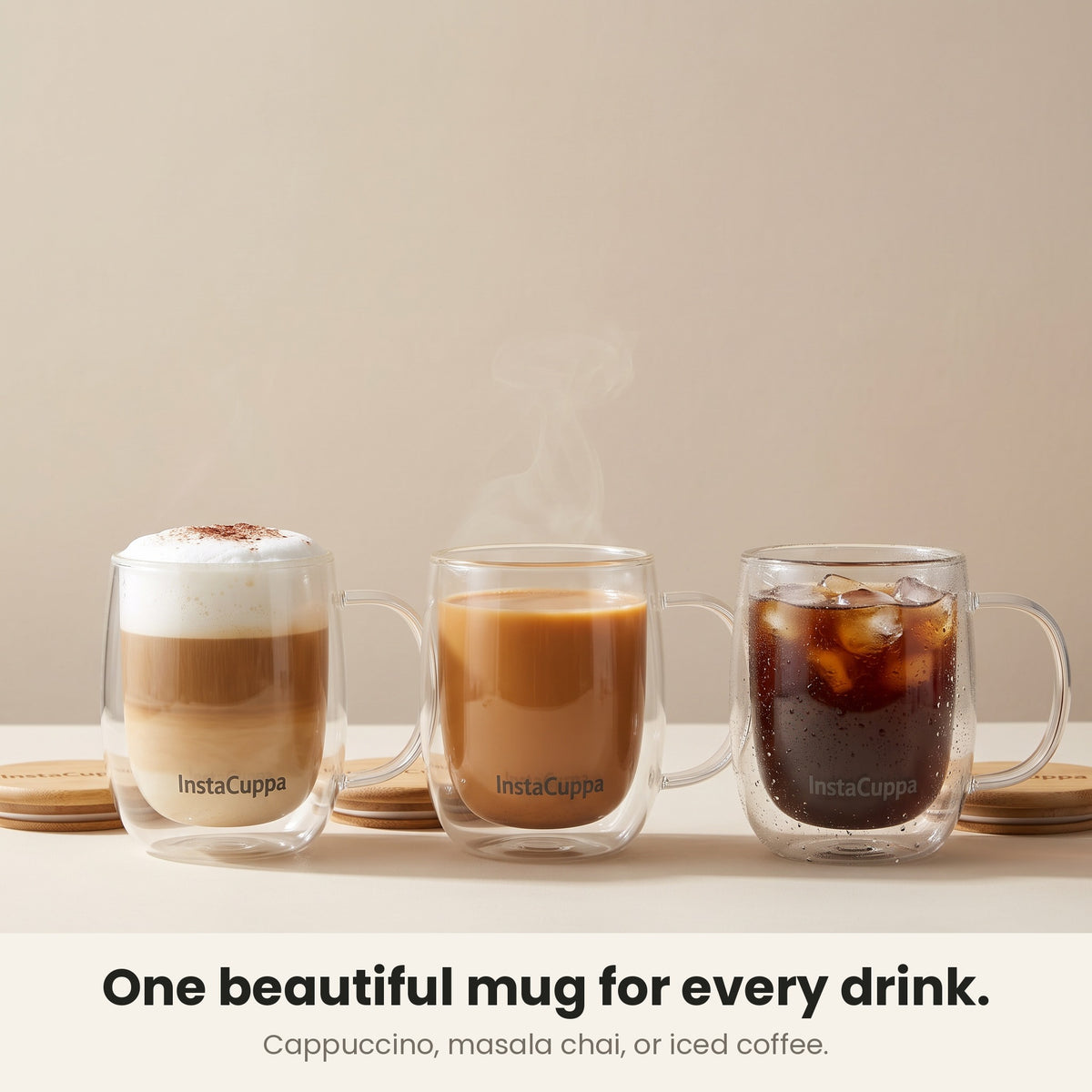 InstaCuppa Double Wall Glass Coffee Mug with Handle - cappuccino, masala chai and iced coffee in three mugs – Pack of 2