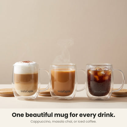 InstaCuppa Double Wall Glass Coffee Mug with Handle - cappuccino, masala chai and iced coffee in three mugs – Pack of 2