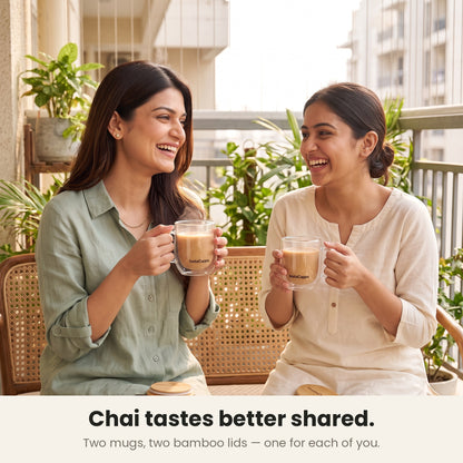 InstaCuppa Double Wall Glass Coffee Mug with Handle - two friends sharing chai in two mugs on a balcony – Pack of 2