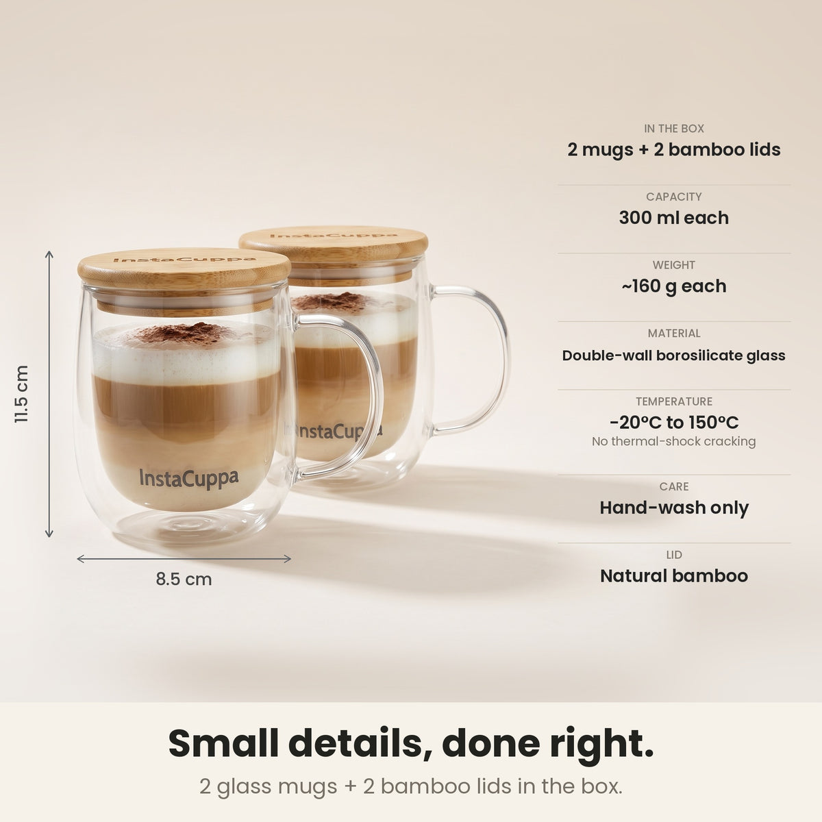 InstaCuppa Double Wall Glass Coffee Mug with Handle - 2 mugs + 2 bamboo lids, 300 ml each specs – Pack of 2