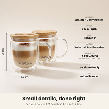 InstaCuppa Double Wall Glass Coffee Mug with Handle - 2 mugs + 2 bamboo lids, 300 ml each specs – Pack of 2