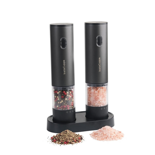 InstaCuppa Electric Salt and Pepper Grinder Set - two rechargeable grinders on stand with sea salt and peppercorns