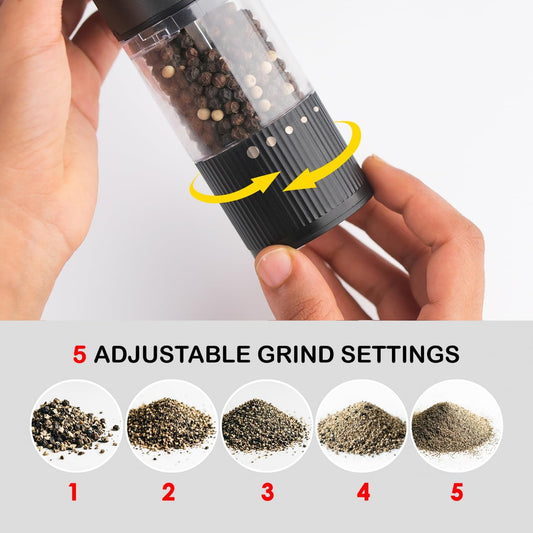 InstaCuppa Salt and Pepper Grinder - 5 adjustable grind settings from coarse to fine