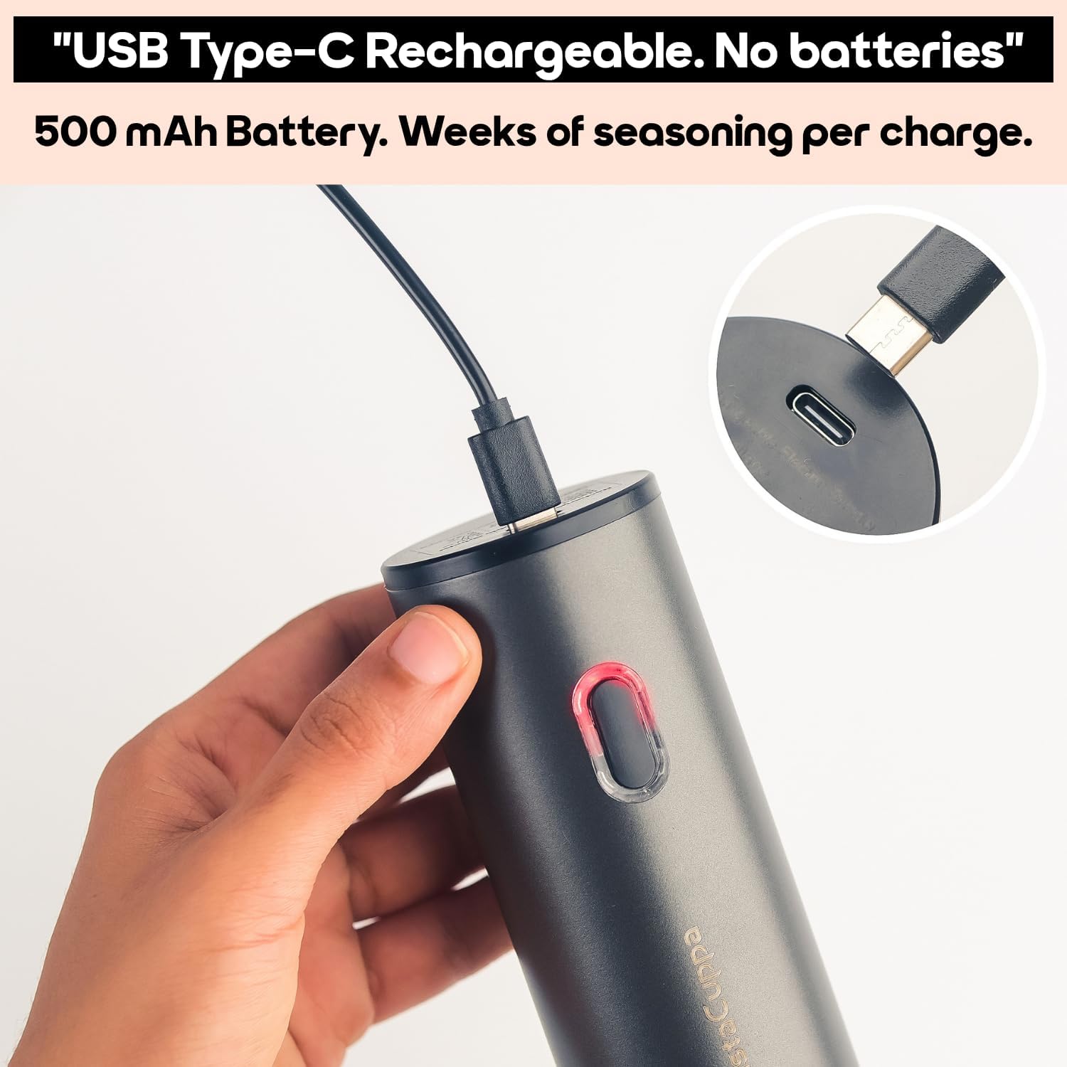 InstaCuppa Salt and Pepper Grinder - USB Type-C rechargeable with 500 mAh battery, no disposable batteries